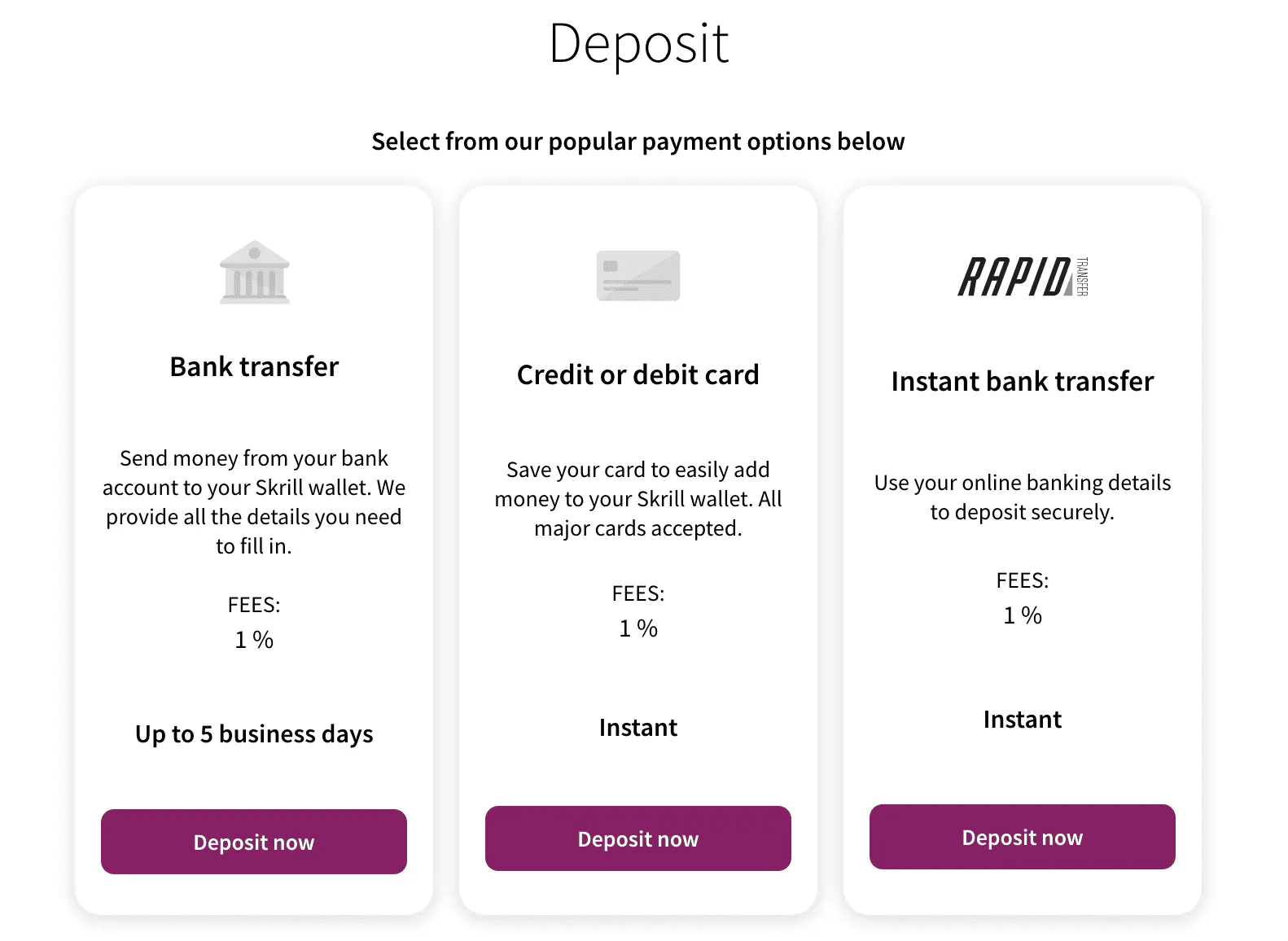 Screenshot of Skrill deposit options (varies by region)